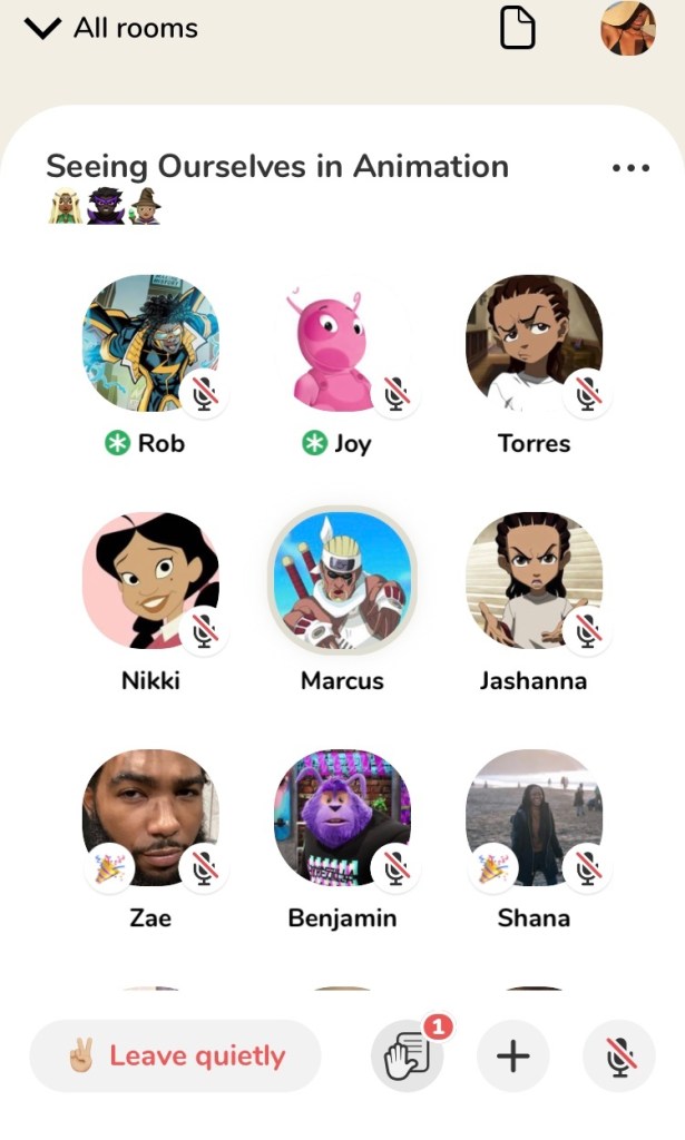The "Seeing Ourselves in Animation" Clubhouse chatroom displays several icons of popular black cartoon characters. 